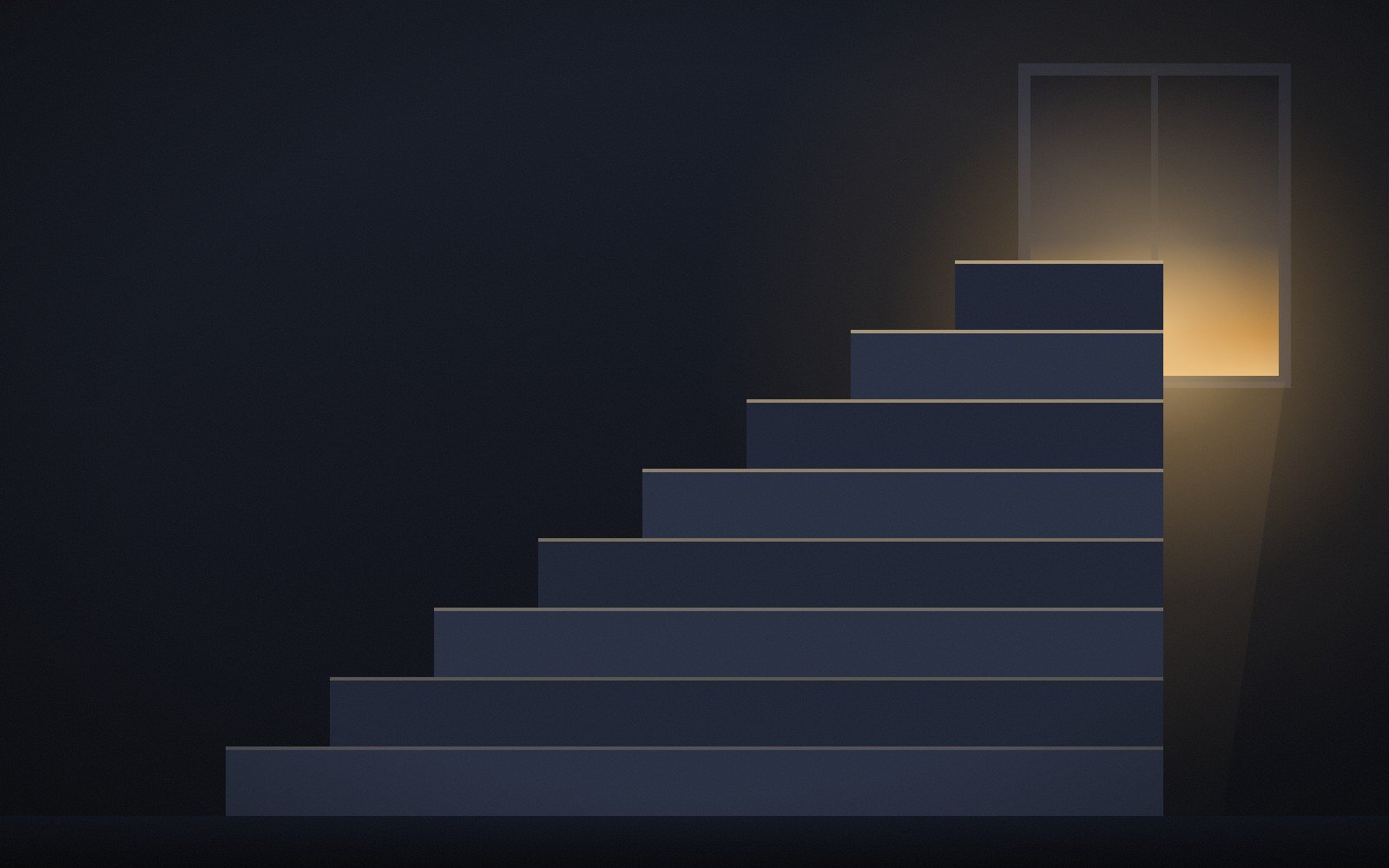 Stairs rising toward a window at dawn
