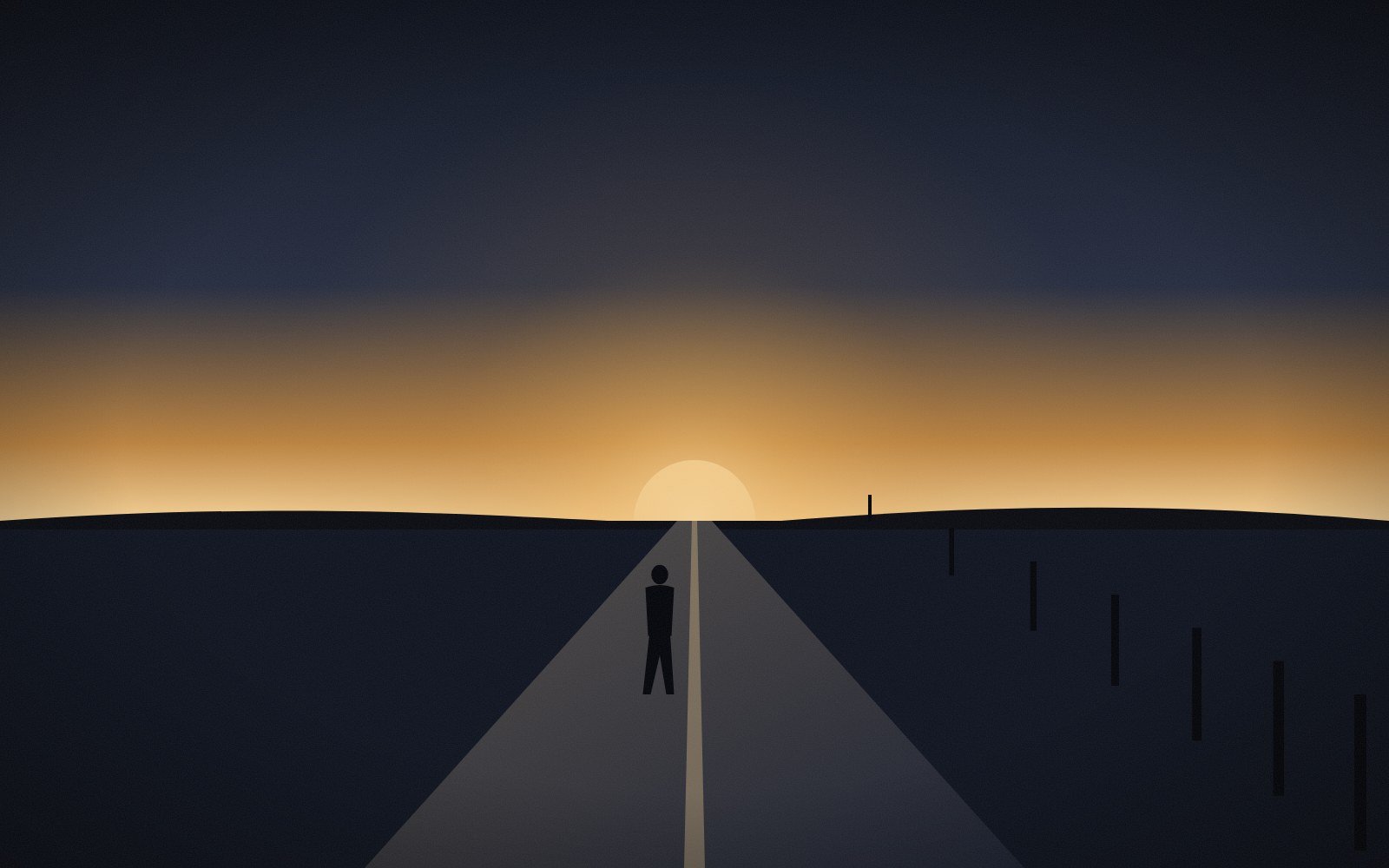 A person seen from behind walking along a quiet road at dawn, the first gold light on the horizon