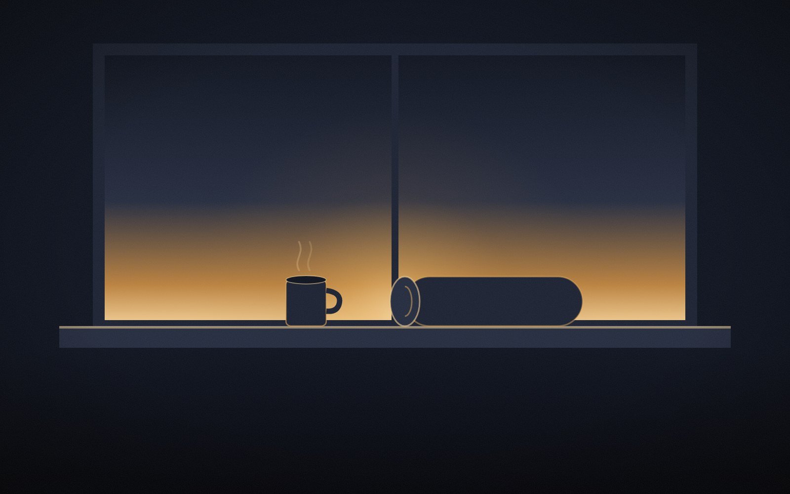 Coffee mug beside a small rolled mat on a windowsill in early morning light