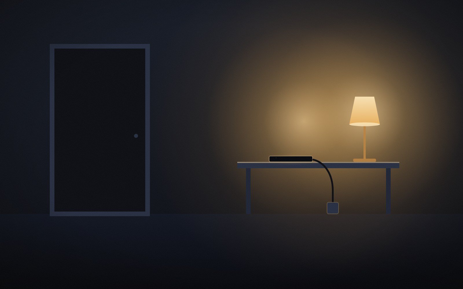 A phone charging on a hallway table under a small lamp, with the bedroom door dark behind it